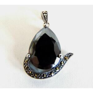 Sterling Silver Gem Pendant Black Teardrop Hematite Marcasite For Necklace 18mm